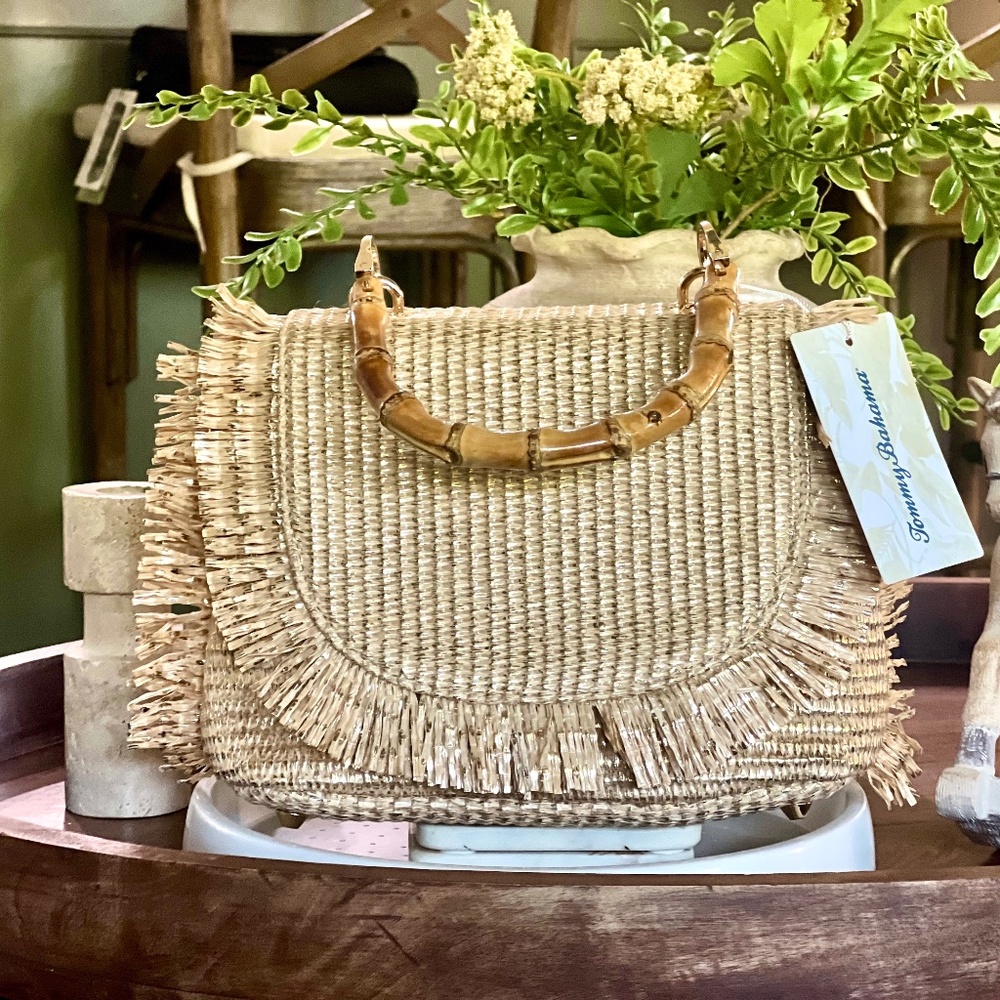 Brand New Tommy Bahama Bamboo Raffia Bag with Fringe